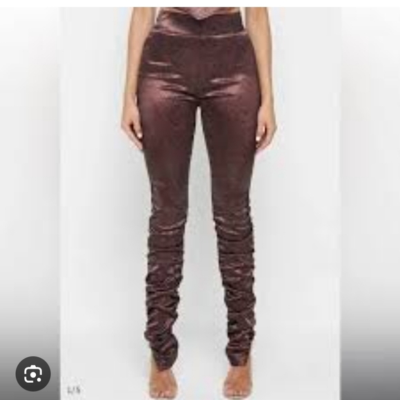 Manière De Voir Brown Satin Ruched Stacked Pants NWT Indie Sleaze Y2K